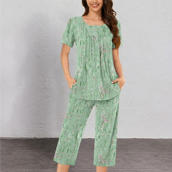 tumgatte Women's Round Neck Short Sleeve Sleepshirt And Pants Sets Loungewear Pajamas With Pockets Clearance Up to 60% off Thanksgiving Day