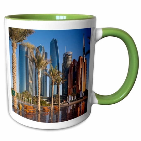 3drose, Uae, Abu Dhabi. Etihad Towers and Emirates Palace Hotel Fountains, 15oz Two-tone Green Mug