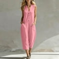 thumbnail image 3 of WULMLEO Womens Cotton Jumpsuits Sleeveless Casual Wide Leg Capri Rompers Baggy Button Down V Neck Summer Overalls Pockets Pink M, 3 of 7