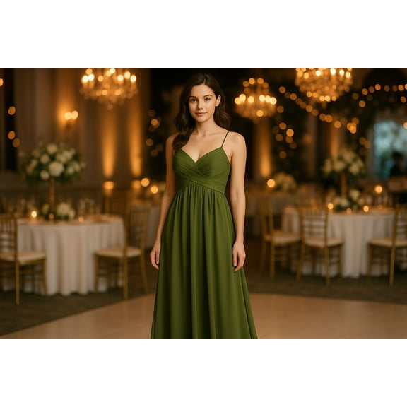 Elegant Olive Green Maxi Dress With Pleated Bodice & Spaghetti Straps Design Flowy & Comfortable Fit
