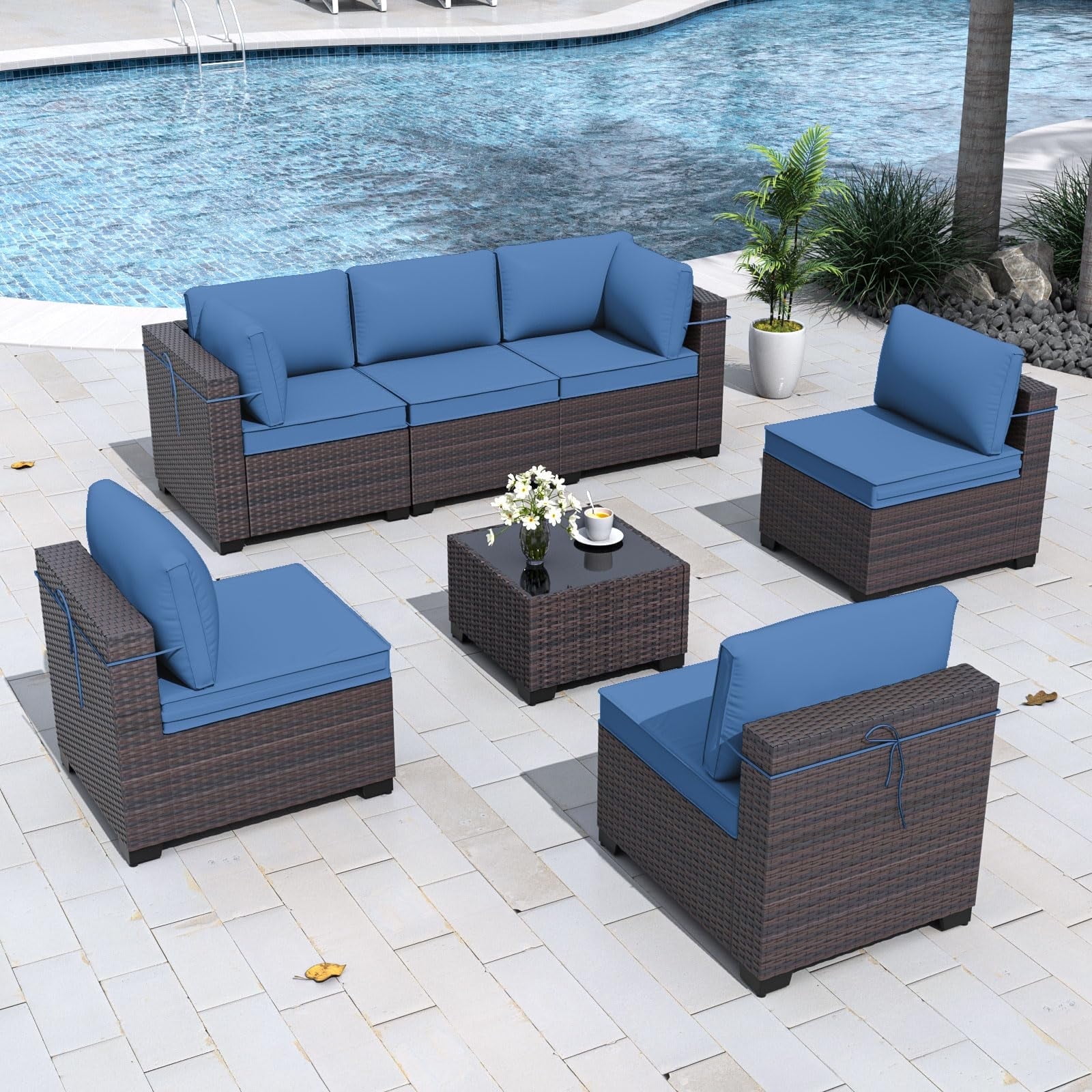 ALAULM 7-Piece All-Weather Wicker Patio Conversation Set, Outdoor Sectional Sofa W/Coffee Table, Navy Blue