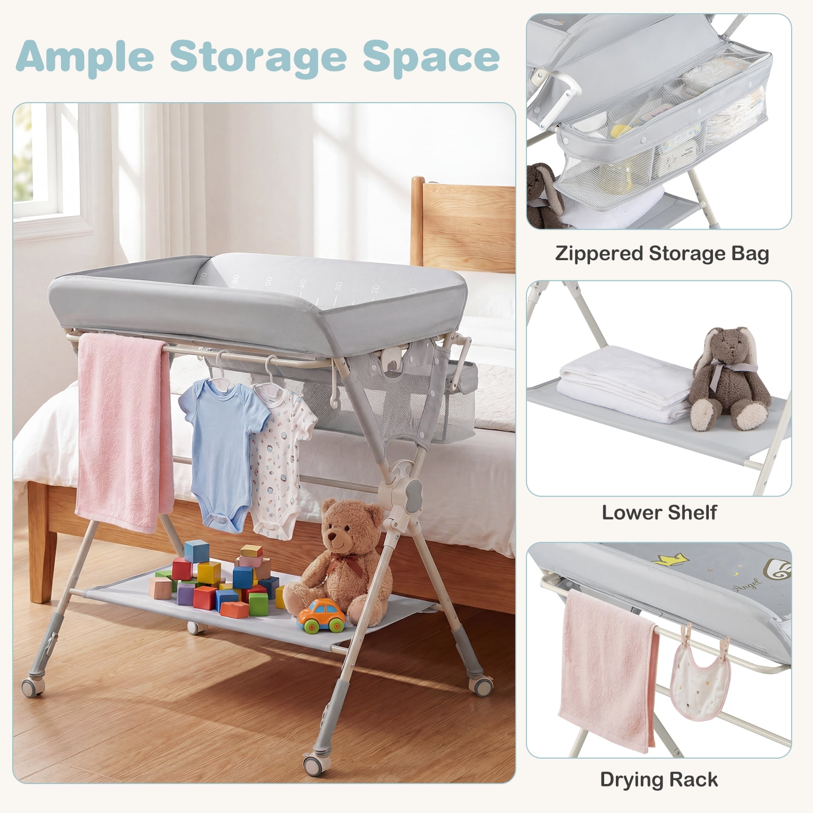 Babyjoy Baby Changing Table, Foldable Diaper Changing Station with Storage Bag & Shelf Gray