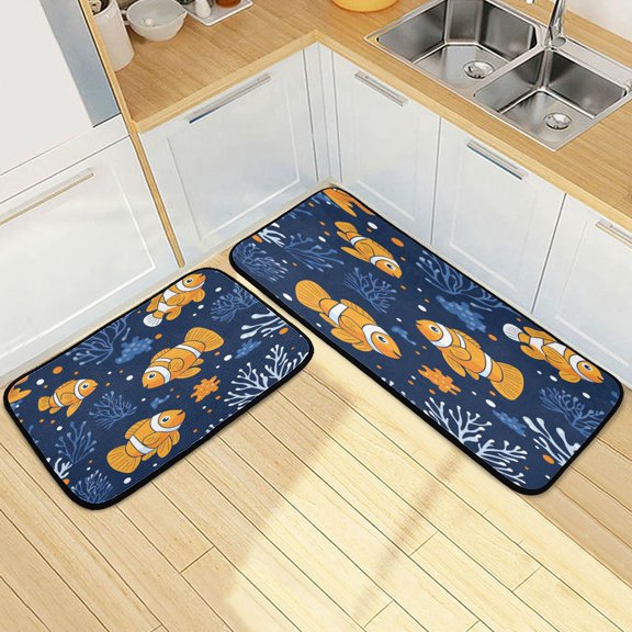 Wobogo Cute Clownfish Pattern Kitchen Carpet Set of 2 Absorbent and Stain Resistant Non-slip Star Rubber Backing