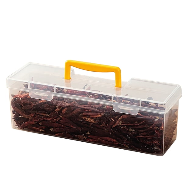 Caja de almacenamiento con tapa a prueba de polvo, asa amarilla, apilable, organizador de plástico para cosméticos, oficina, especias, suministros de arte y herramientas.