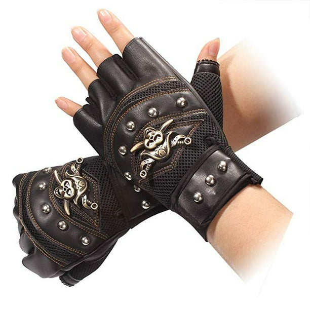 1 par de guantes de esqueleto pirata con remaches de cuero artificial, guantes punk de medio dedo, guantes para hombre para andar en motocicleta y deportes al aire libre