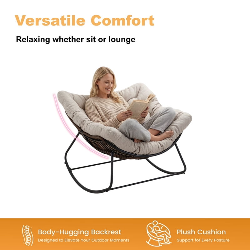 Oversized Papasan Outdoor Armless Rocking Chair, Indoor Recliner Lounge Chair with Cushion