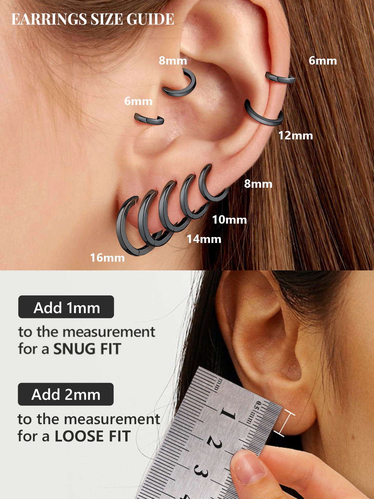 Silvora Black Small Hoop Earrings for Women Men Hypoallergenic Silver Huggie Hoops Earring Size 6/8/10/12/14/16/18/20mm Dailywear Cartilage Jewelry