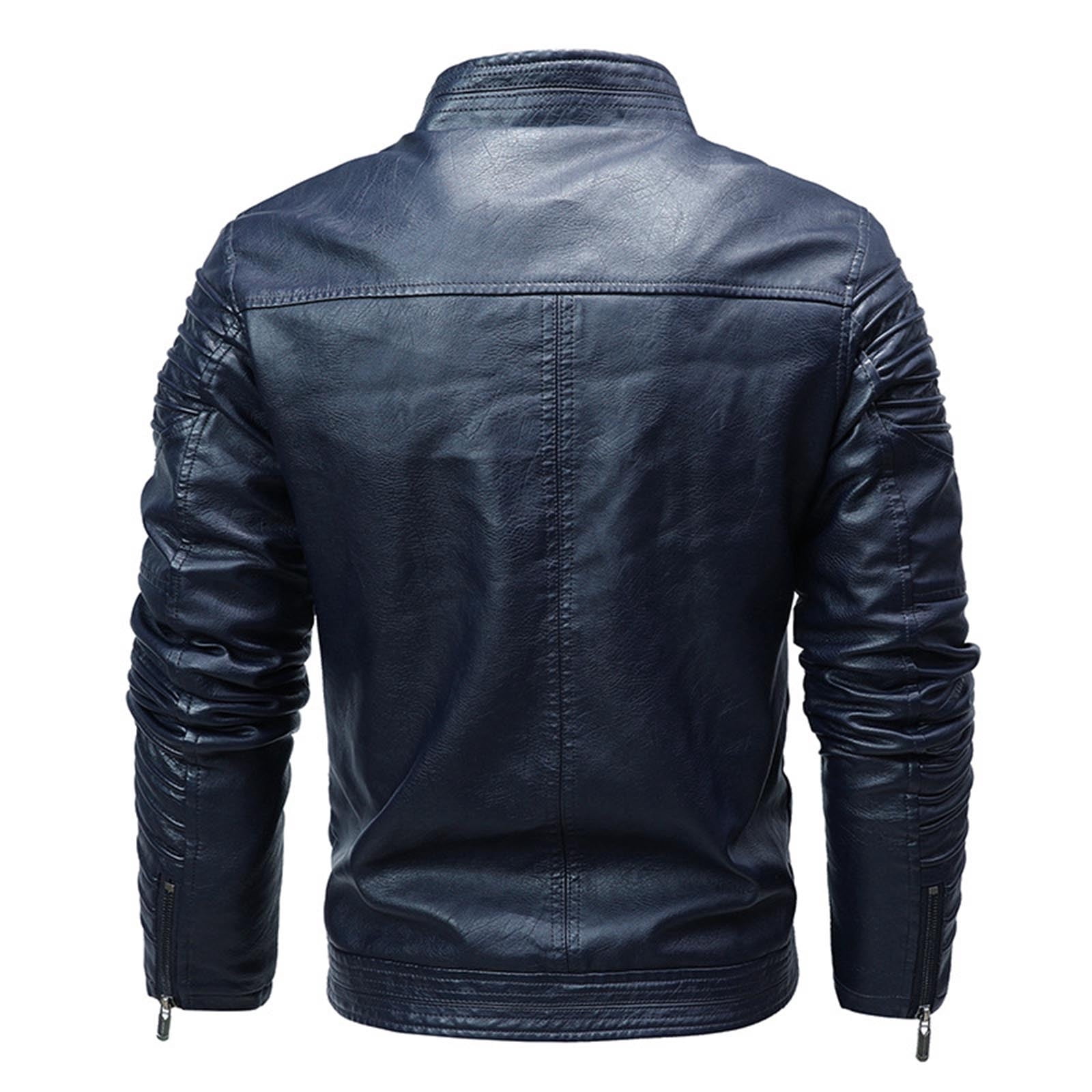 Maoxin Mens Jacket Men Leather Jacket Multiple Pockets Zipper Loose Coat Solid Color Long Sleeved Hooded Leatherwear Coat Jackets for men Blue 2XL
