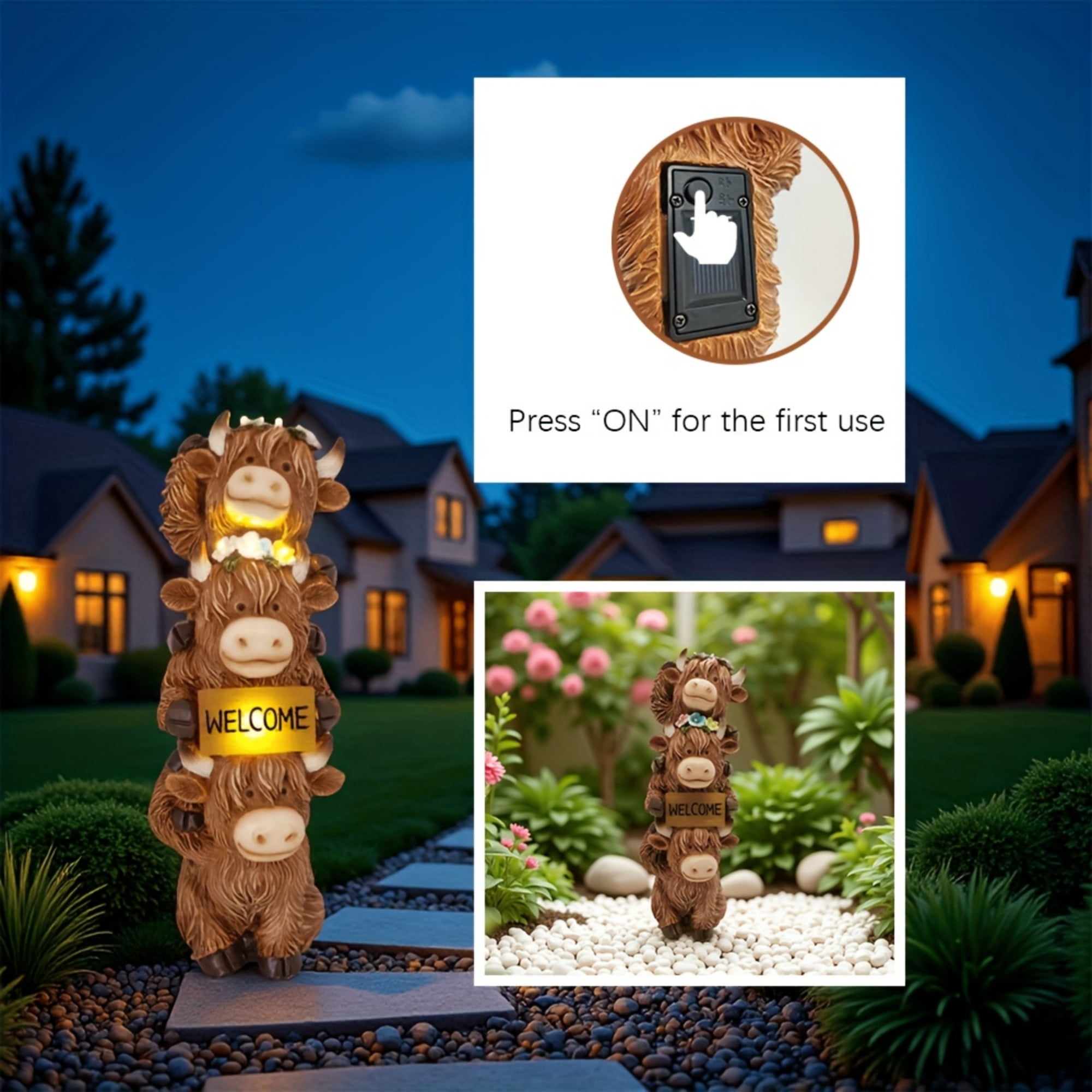 Highland Cow Statue Garden Decor with Glowing Flowers and Welcome Sign Lights, Resin High Mountain Cattle Solar Sculptures for Patio Yard Porch Outdoor Decoration