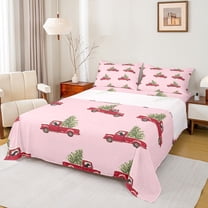 Homewish Farmhouse Xmas Truck Full Size Sheets for Girl, Cartoon Christmas Tree Bed Sheets, Kawaii Pink Christmas Sheet Sets, Microfiber Bedroom Decor, 4-Piece