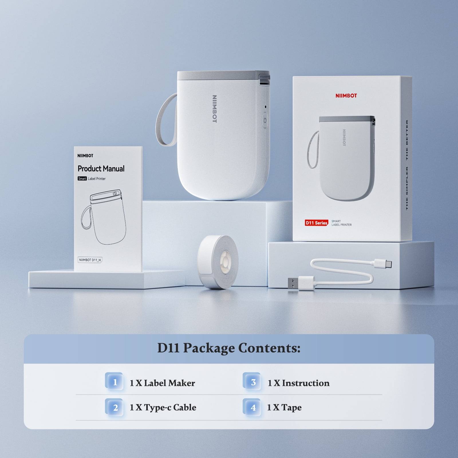 NIIMBOT D11 Upgraded HD 300 dpi Label Maker Mini Bluetooth Wireless Label Printer Inkless Labeler Rechargeable（White)