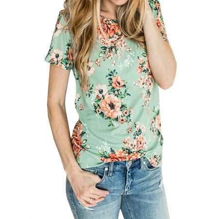 Short Sleeved Women Floral Print Cotton T-shirt