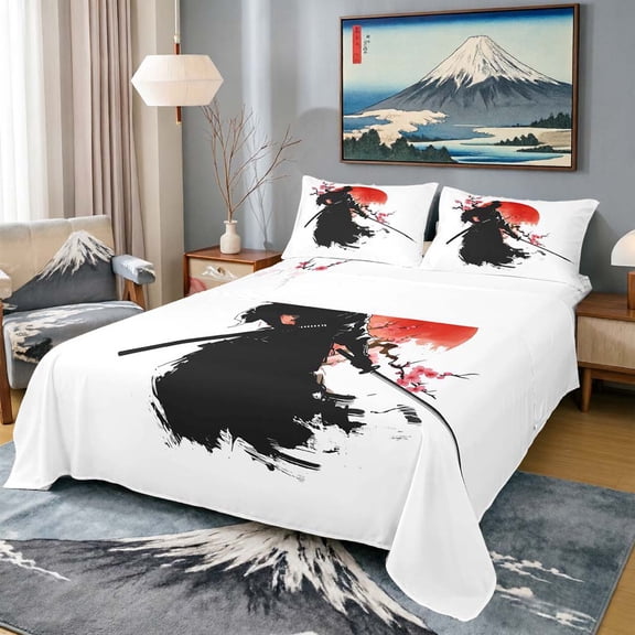Manfei Ink Samurai Queen Sheet Sets for Boys Men, Sakura Sword Bed Set, Black Red Pink 4 Pieces, 1 Flat Sheet, 1 Fitted Sheet and 2 Pillowcases