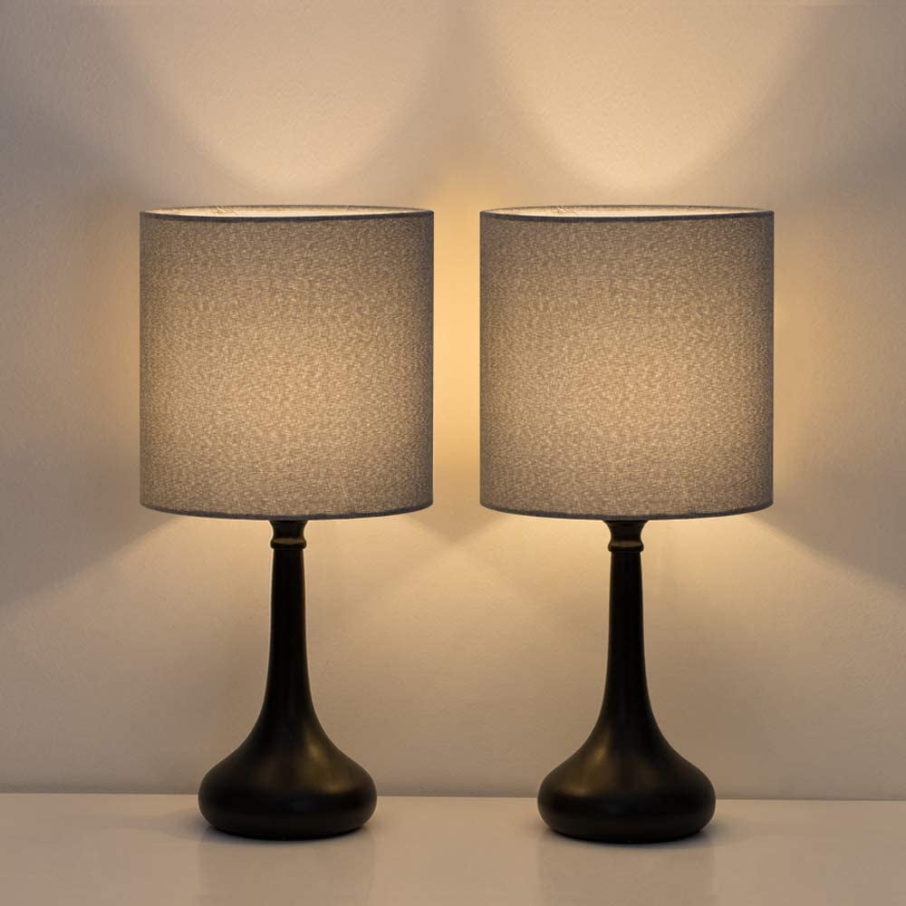 Modern Nightstand Lamps Set of 2 with Black Metal Base and Gray Fabric