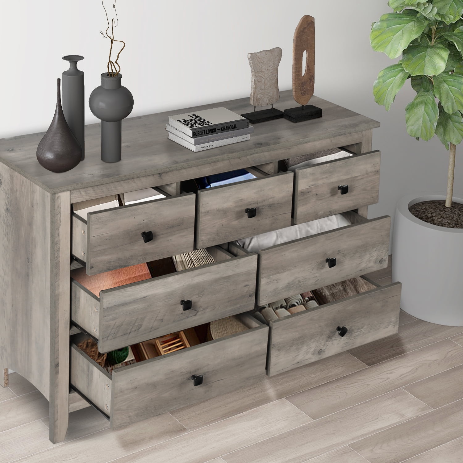LAZZO 7-Drawer Dresser, Farmhouse Wooden Chest of Drawers for Bedroom Living Room and Hallway, Gray