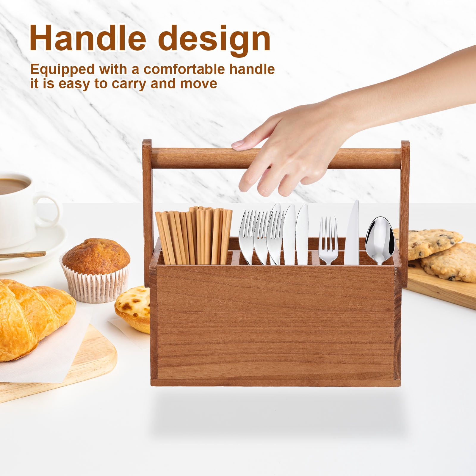Wood Silverware Caddy with Handle 4 Compartments Utensil Holder Kitchen Cutlery Holder Multipurpose Organizer for Kitchen Office Bathroom Bedroom
