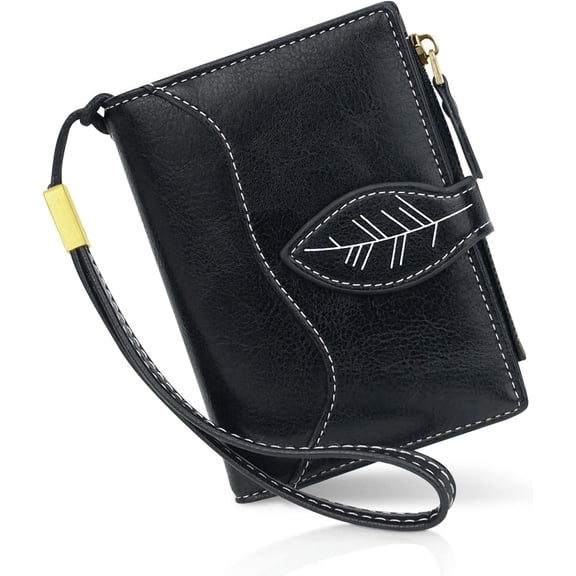 Small Wallet for Women, Compact Bifold Leather Wallet with Wristlet RFID Blocking Womens Wallet (Black)
