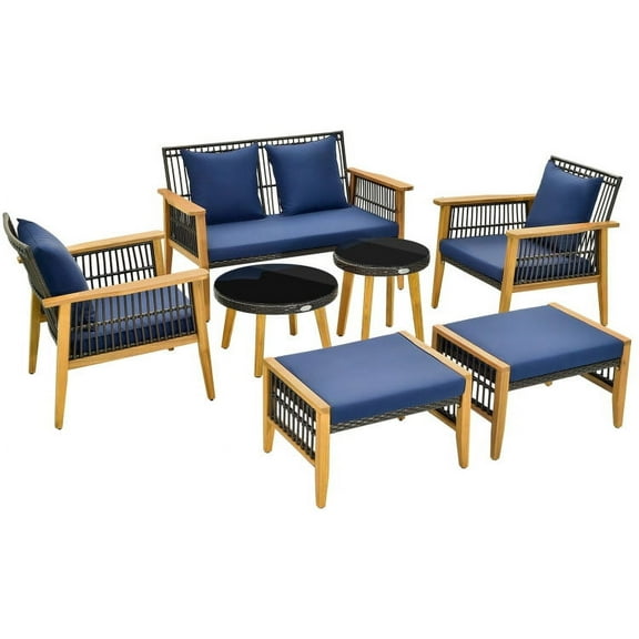 Resenkos 7 Piece Outdoor Conversation Set, Small Patio Conversation Furniture Set with Stable Acacia Wood Frame Cozy Seat & Back Cushions-Navy