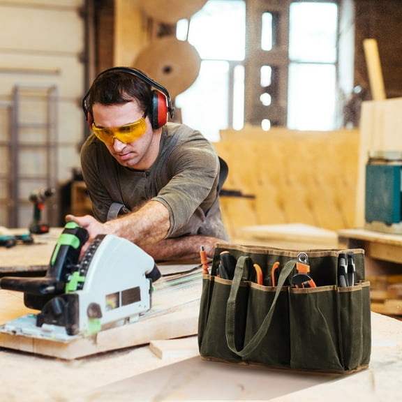 Ikoopy Waxed Canvas Multi Pocket Tool Tote Bag Large Capacity Waterproof Gardening Tool Bag With Portable Handle for Gardener Electrician Contractor Repairman