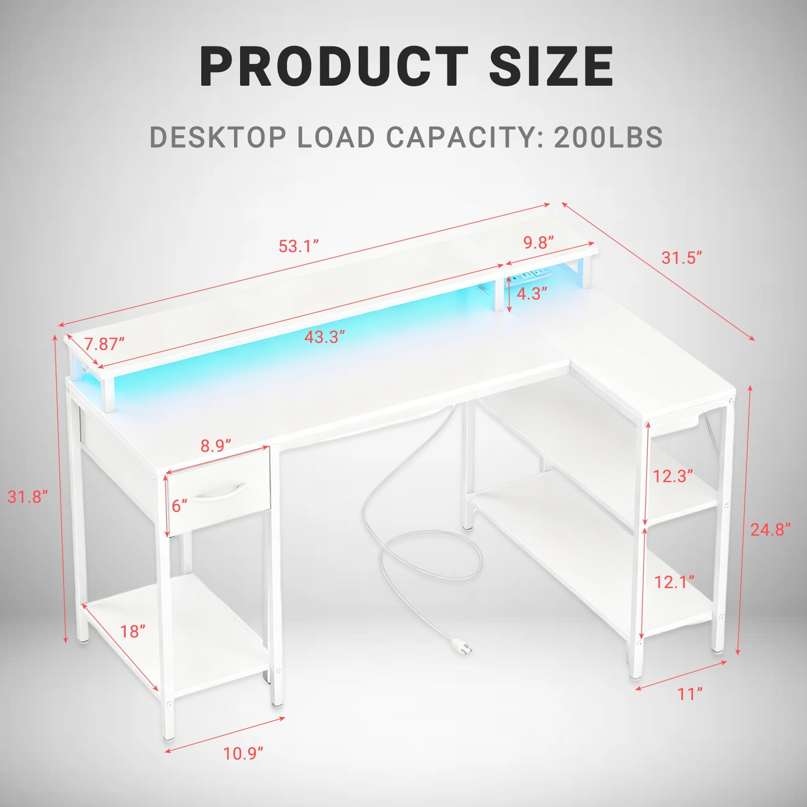 KPUY 53-Inch L Shaped Desk with USB Charging Port LED Light and Monitor Stand, Gaming Desk Home Office Desk for Home Office Dorm Sturdy Writing Workstation, White