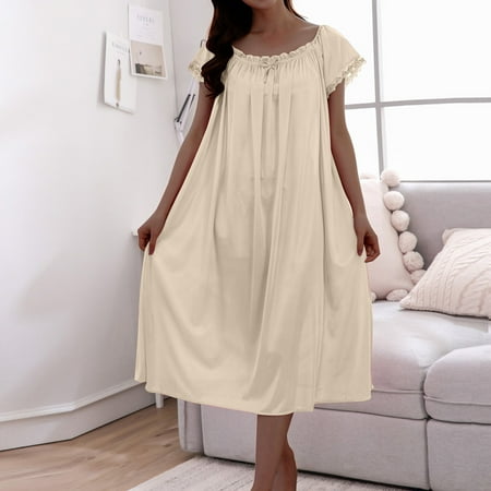 Xuniizn Nightgowns for Women Solid Color Fashion Lingerie Sleepwear Round Neck House Sleep Dress Loose Causal Short Night Dress  Gifts for Women