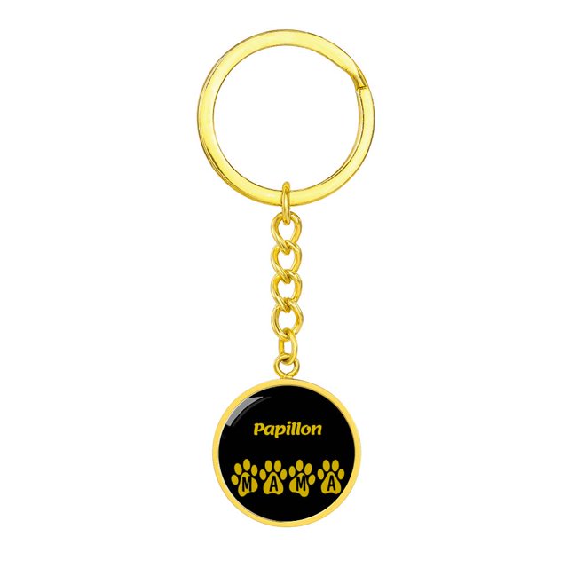 Papillon Mama Circle Keychain Stainless Steel or 18k Gold Dog Mom Pendant
