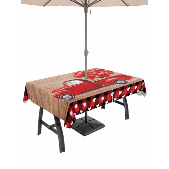 Outdoor Tablecloth with Umbrella Hole and Zipper, Valentine's Day Rectangle Table Cloth 60x84 Inch Waterproof Tablecloth, Romantic Red Truck Love Wood Plaid Brown Picnic Table Cover for Patio Camping