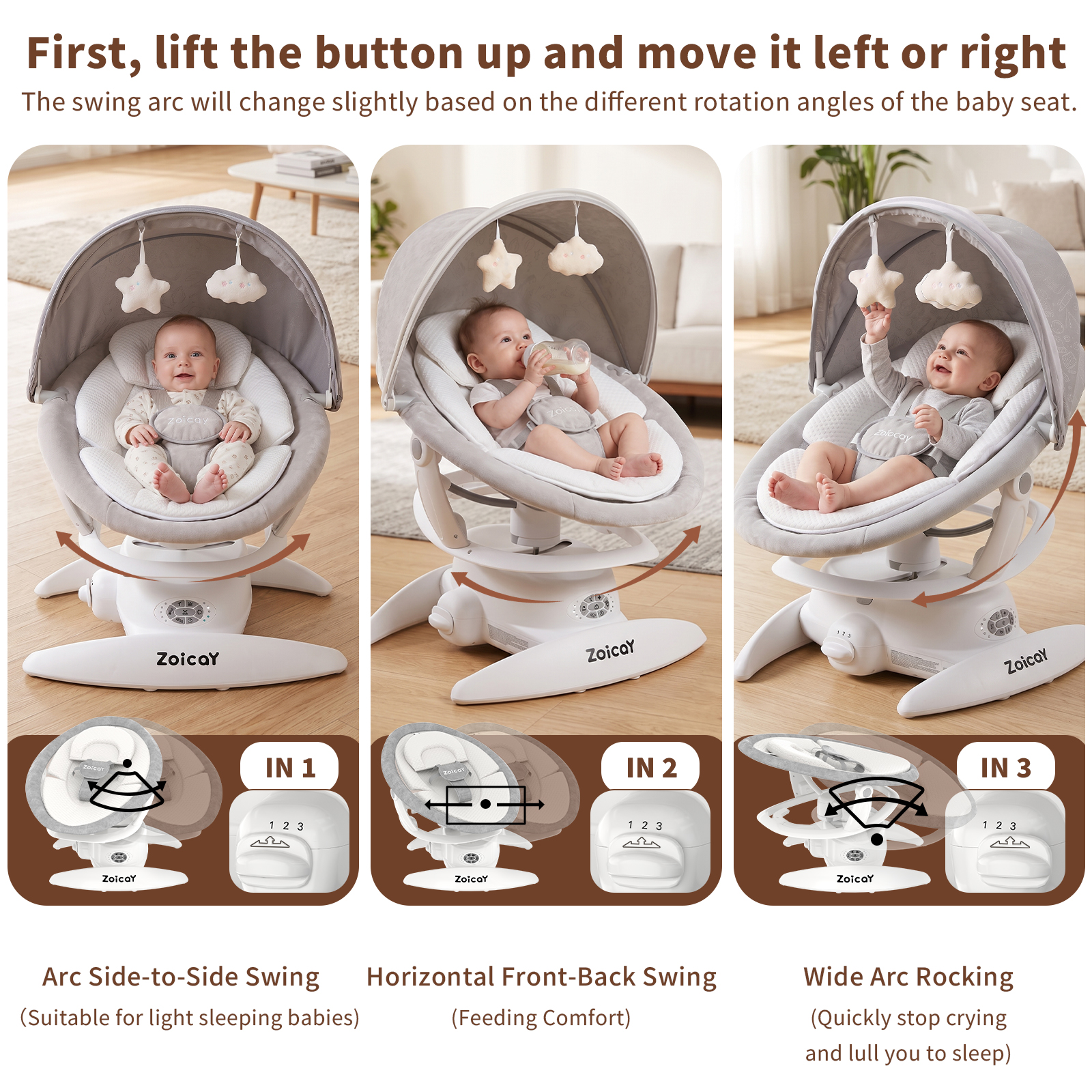 Zoicay 3-in-1 Baby Swing and Rocker, White photo 7