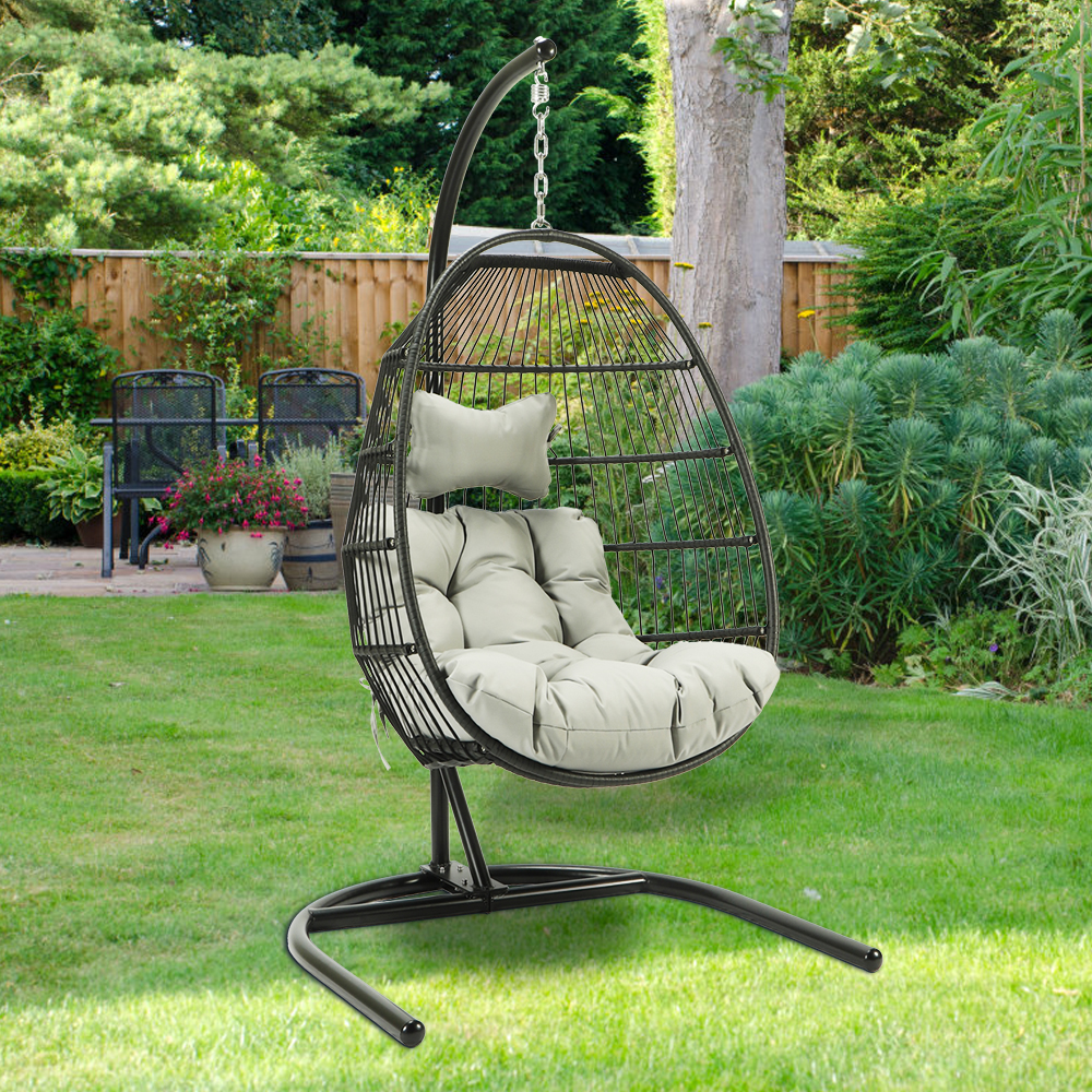 uhomepro Outdoor Egg Chair Patio Furniture, Hanging Wicker Egg Chair with Stand, Hammock Chair, Swinging Egg Chair, Swing Chair for Beach, Backyard, Balcony, Lawn Seating, Light Gray Cushion, W11049 - image 3 of 11