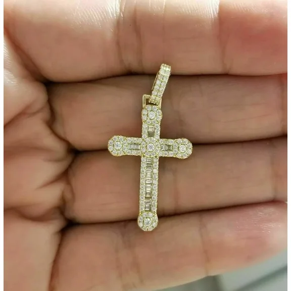 2.00Ct Round Cut VVS1/D Diamond Cross Pendant 14K Yellow Gold Finish Free Chain