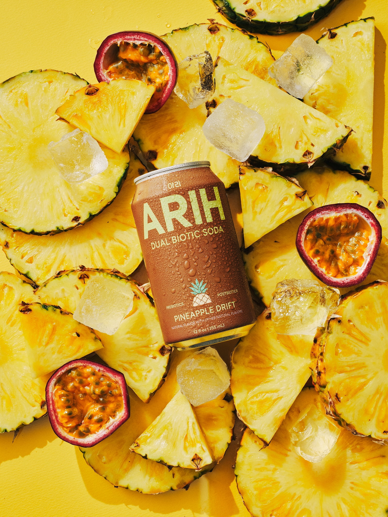 ARIH Dual Biotic Soda, Functional Prebiotic and Postbiotic Soda, Low Sugar, Pineapple Drift, 12 fl oz, 4 Pack
