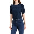 thumbnail image 5 of INSPIRE CHIC Women's Puff Shoulder Round Neck Collarless Ruffle Keyhole Back Blouse S Dark Blue, 5 of 7