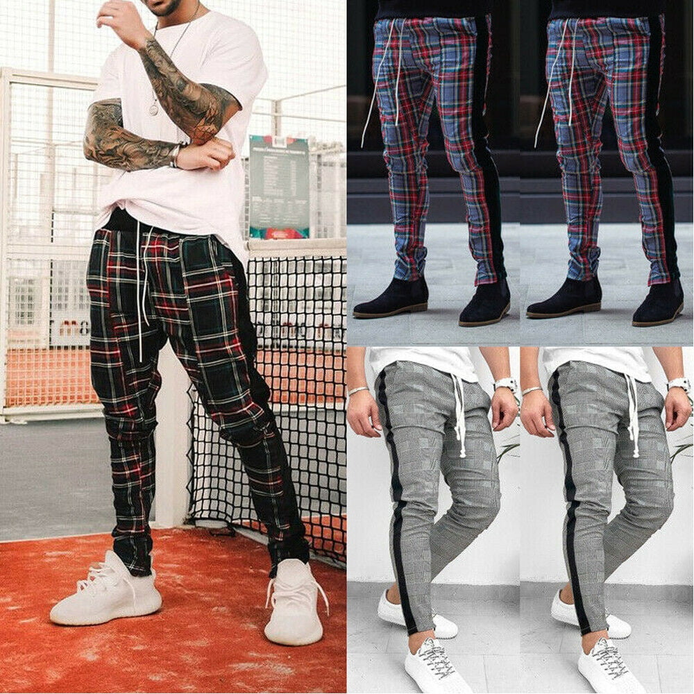 plaid skinny zip track pants