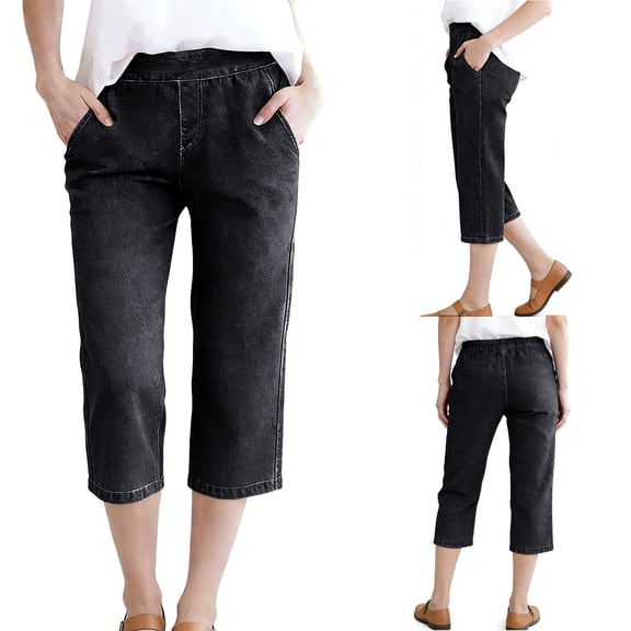 Sokhug Womens Low Rise Solid Denim Pants, Straight Leg Capris With Pockets Stretchy Casual Summer Jeans Bottoms