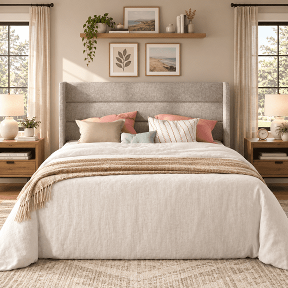 Frostbloom Queen Bed Frame, Upholstered Platform Bed with Linen Wingback Headboard, No Box Spring Needed, Beige