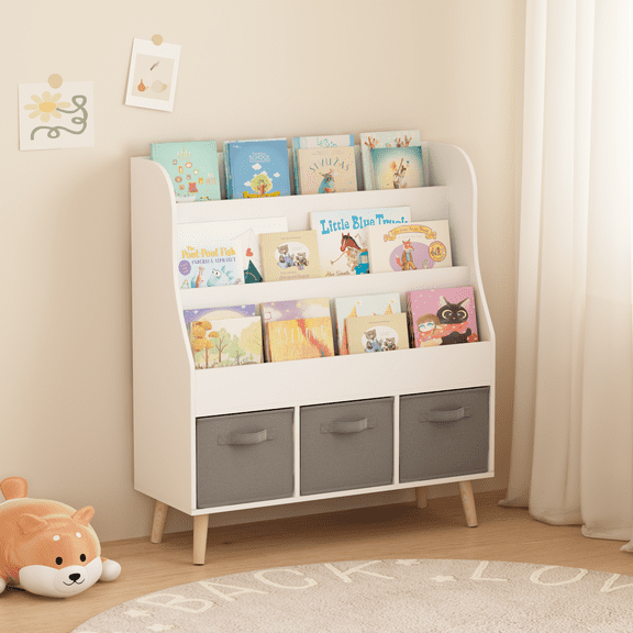 Jopath Kids Bookshelf with 3 Storage,White Wooden Bookcase for Playroom,Bedroom