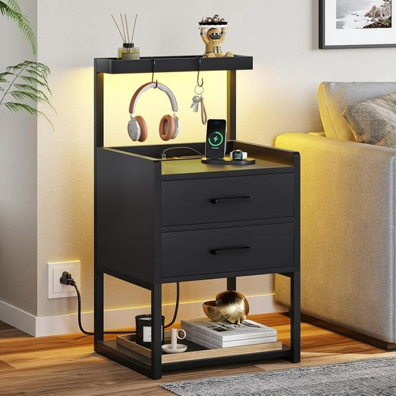 Modern Black Nightstand with Charging Station, LED Lights, 2 Drawers and Open Storage