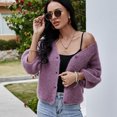 thumbnail image 2 of Nuevo suéter de punto corto con cuello en V europeo y americano, suéter morado, cárdigan de punto suelto de manga tres cuartos, 2 of 3