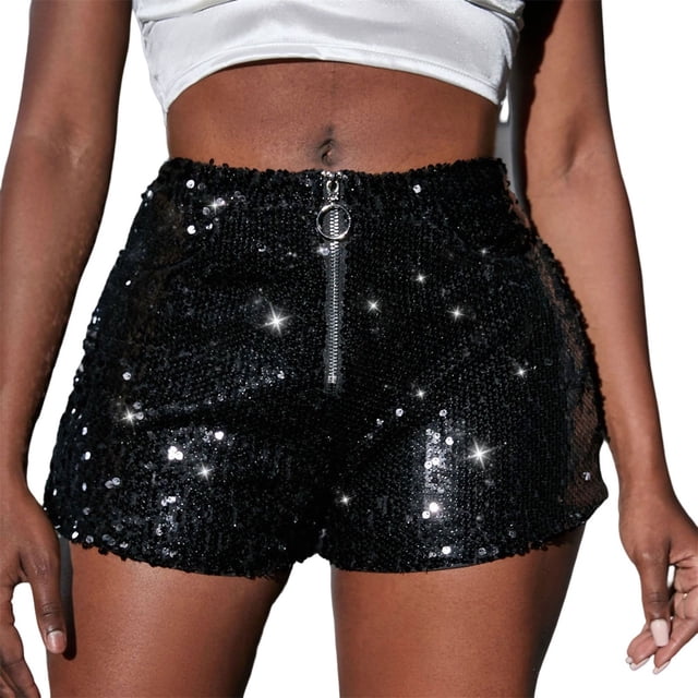 Pantalones cortos de lentejuelas para mujer, cintura alta elástica, brillantes, para conciertos - Poliéster, S-XL, diseño moderno de pierna recta