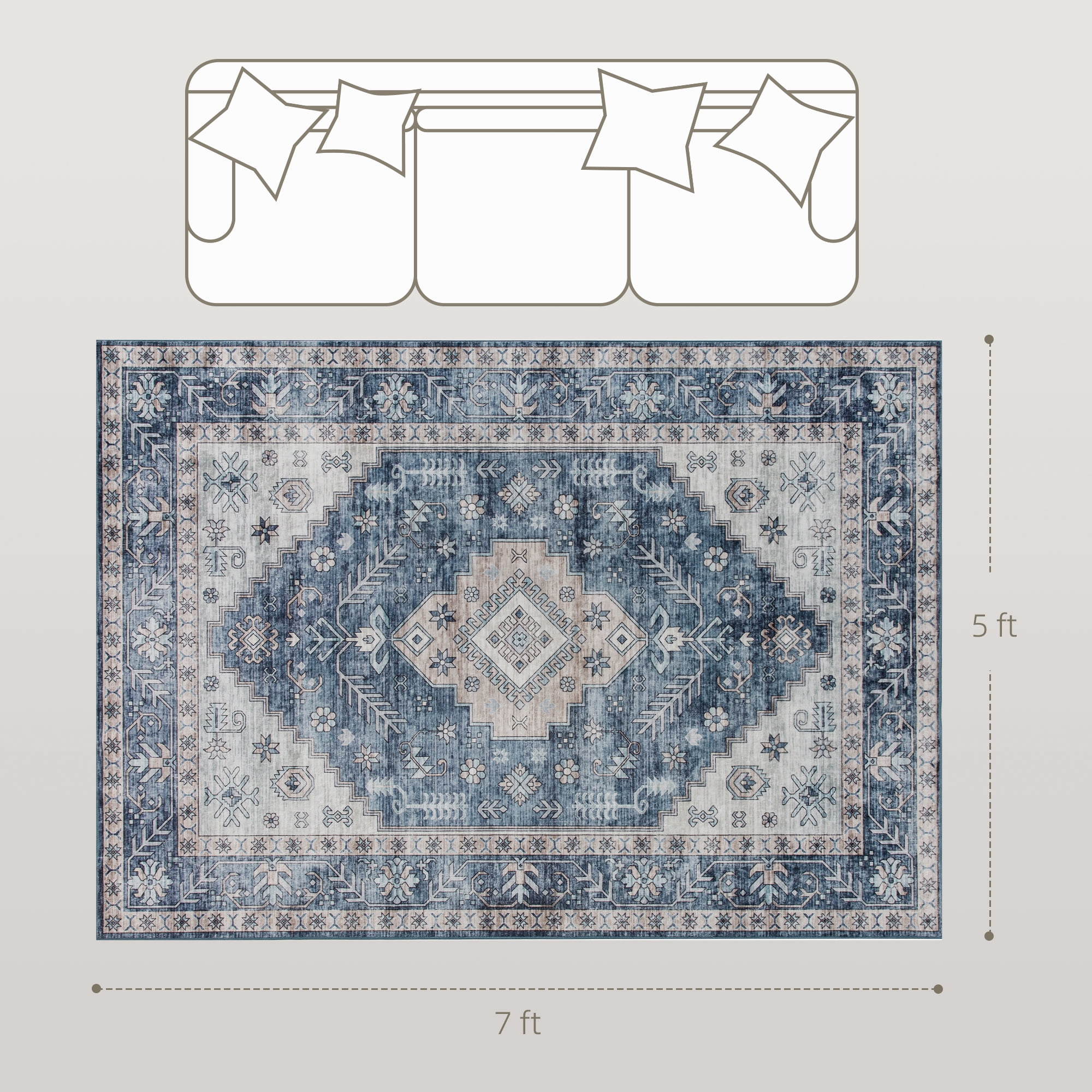 HOMCOM 5x7 Area Rug, Vintage Machine Washable Rug for Living Room, Blue