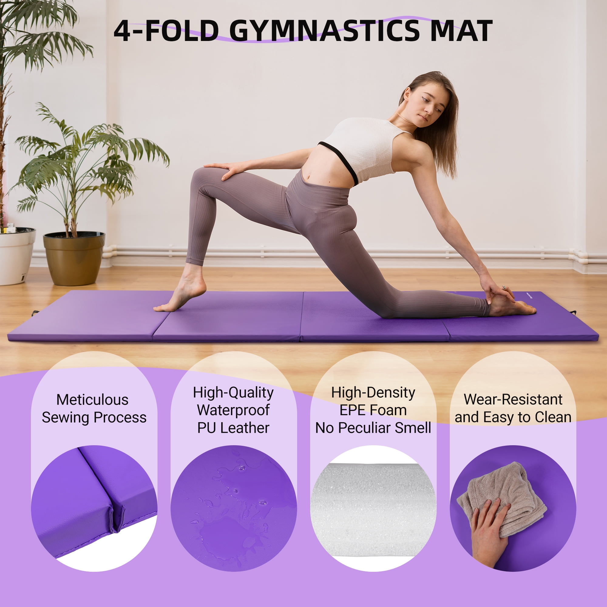 Signature Fitness 4ft x 10ft x 2in Folding Gymnastics Mat, Extra Large 4-Panel Exercise Mat for Tumbling, Stretching, Yoga, Cheerleading, Home Gym, PVC Leather + EPE Foam, Multiple Colors