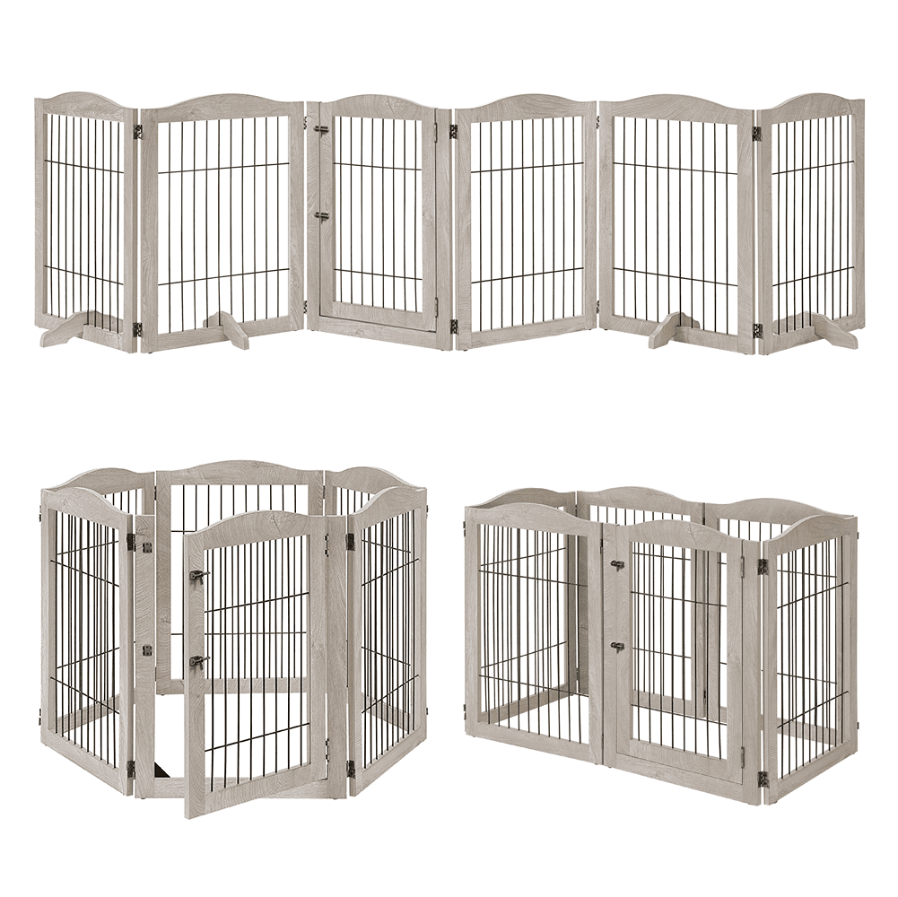 Unipaws Extra Wide Freestanding Dog Gate, 6 Panels Pet Playpen with Wood and Wire, Walk Through Dog Gate with 5 Support Feet