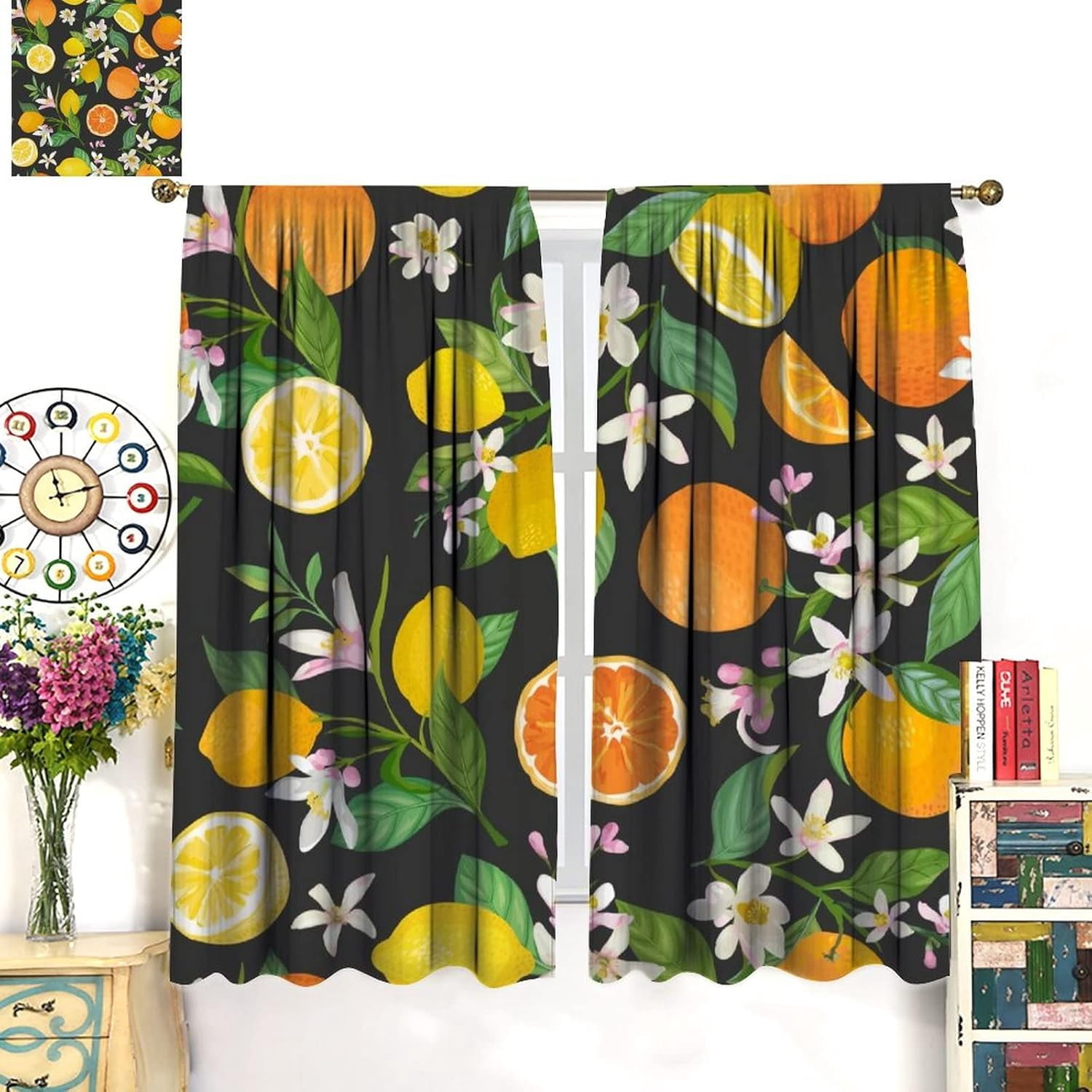 Fruit Lemon Curtains, Tropical Floral Citrus Black Summer Nature Vintage Watercolor, Bedroom Living Room Decor Room Noise Reduction Darkening, 2 Sets of Panels, 42x54 in.