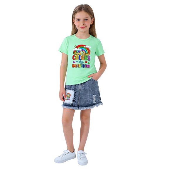 MEZZALL Child Girls Summer Outfit Sets Cute Rainbow Printed Short Sleeve Tops And Denim Skirt Casual Fashion Two Piece Toddler O-Neck Holiday Daily Clothes Sets