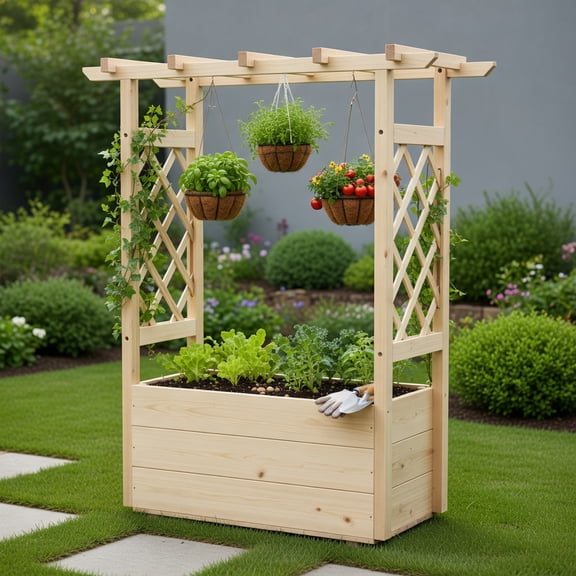 Resenkos Wooden Raised Garden Bed with Hanging Roof & Trellis – Elevated Planter Box for Vegetables, Herbs & Climbing Plants – Natural Pine Wood Outdoor/Indoor Planter