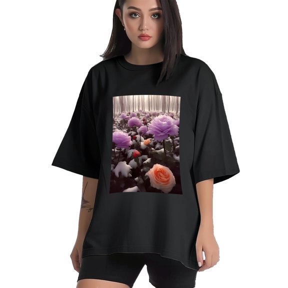 Plus Size Shirt for Women Black Tops for Women Short Sleeves Shirt for Women Flowers T Shirt Crewneck Shirt for Women XS