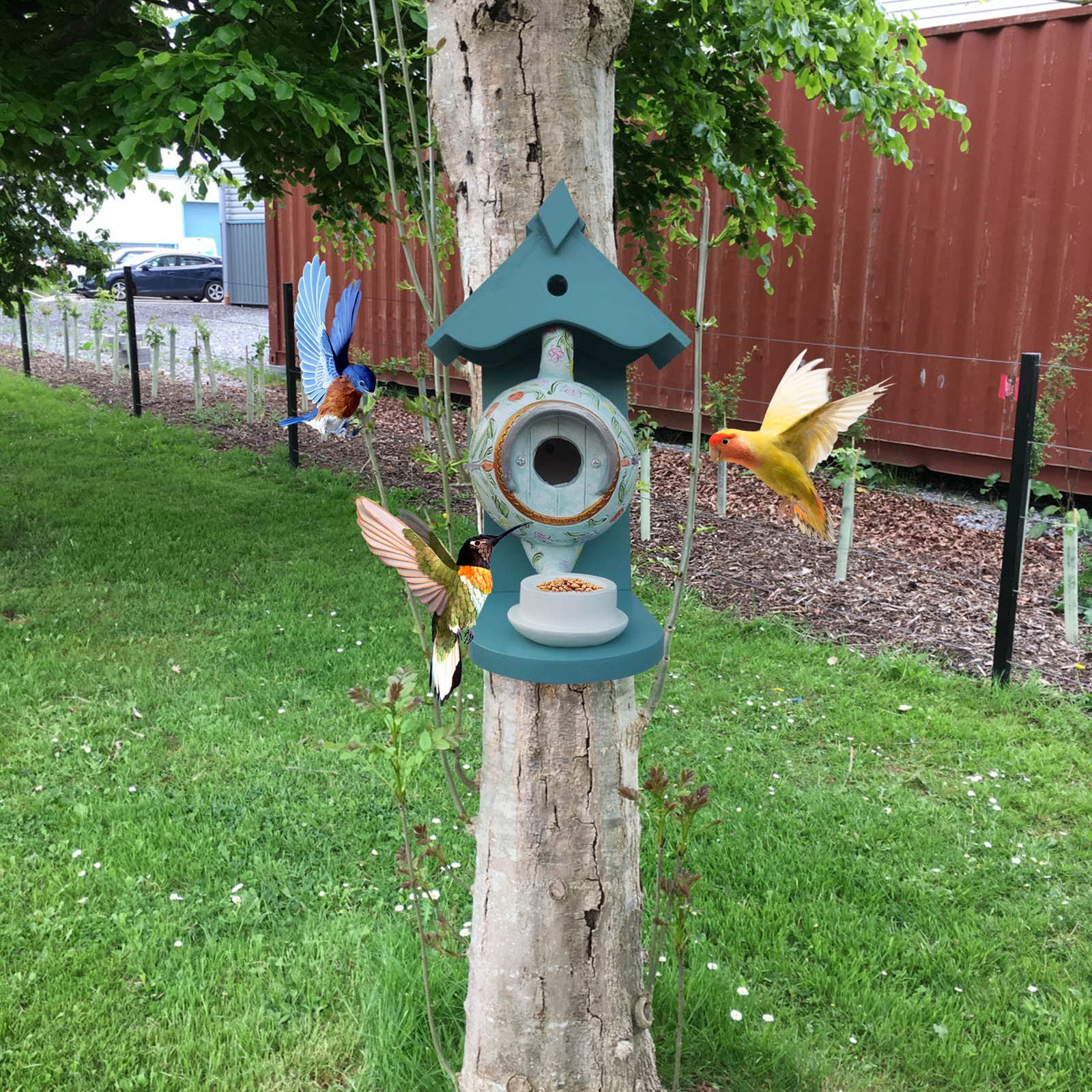 FFENYAN Resin Ceramic teapot Decoration Bird Feeder Bird House And Feeder Vintage Style Outdoor Bird House Bird Feeder Teapot Teacup Design Garden Wall Hanging Resin Decoration