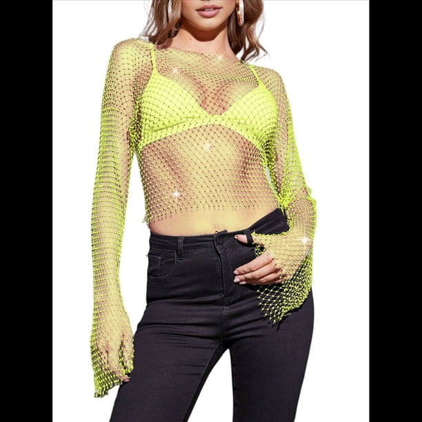 Tops de Larga con de Diamantes de Imitación para Mujer, Camisetas de Transparente con Cristales y Conjuntos de Red Verde Fluorescente M