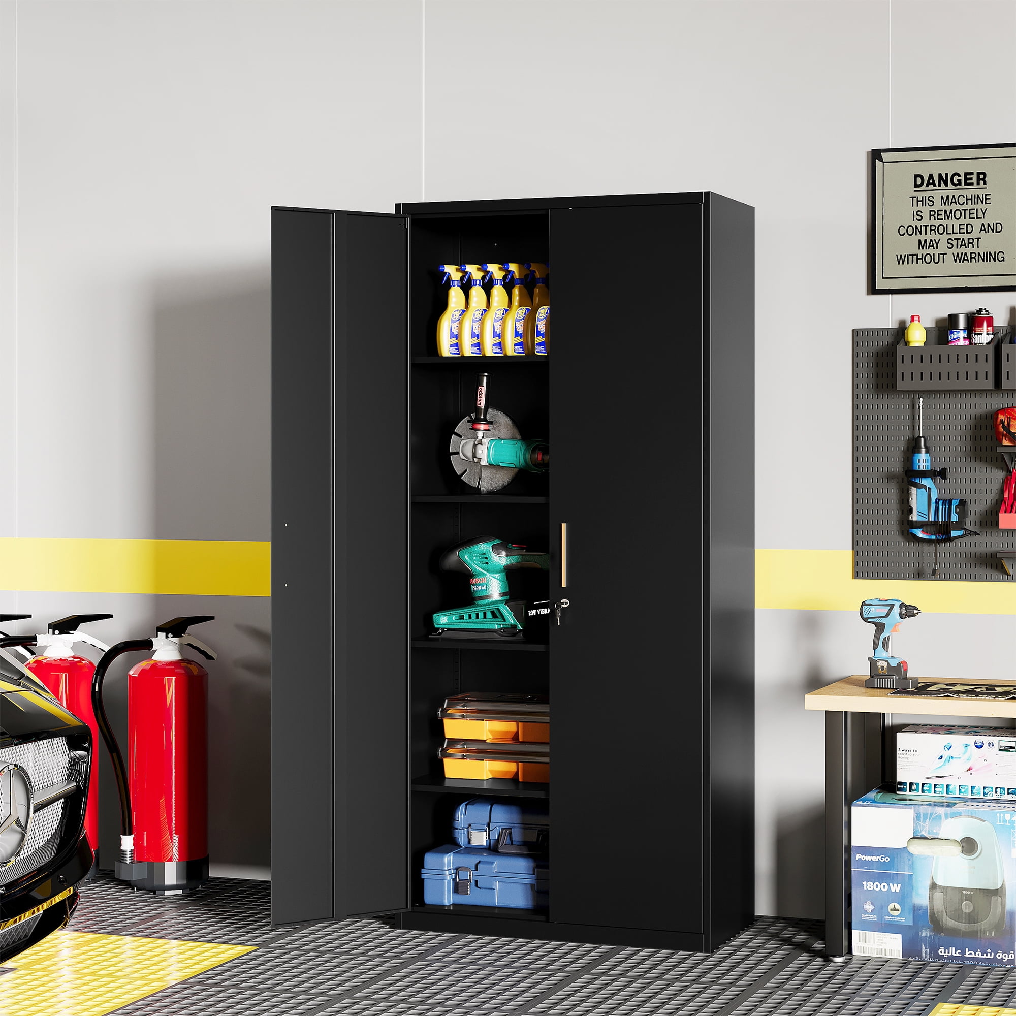 Fesbos Metal Garage Storage Cabinet with 2 Doors and 4 Adjustable Shelves, 71 Inches Tall Black Steel Locking Tool Cabinets for Office, Home, Garage, Gym, School, Warehouse