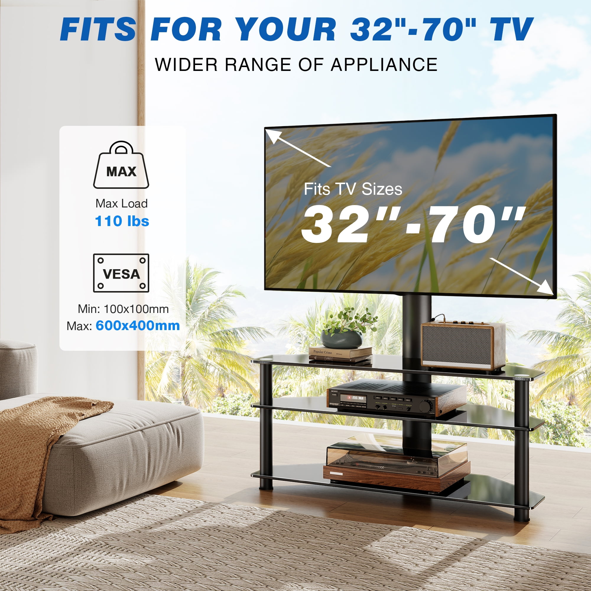 RTVR 3 in 1 Entertainment Center TV Stand with Glass Shelves for up to 70 inch Screens, Swivel Adjustable TV Mount Stand, Max VESA 600X400mm